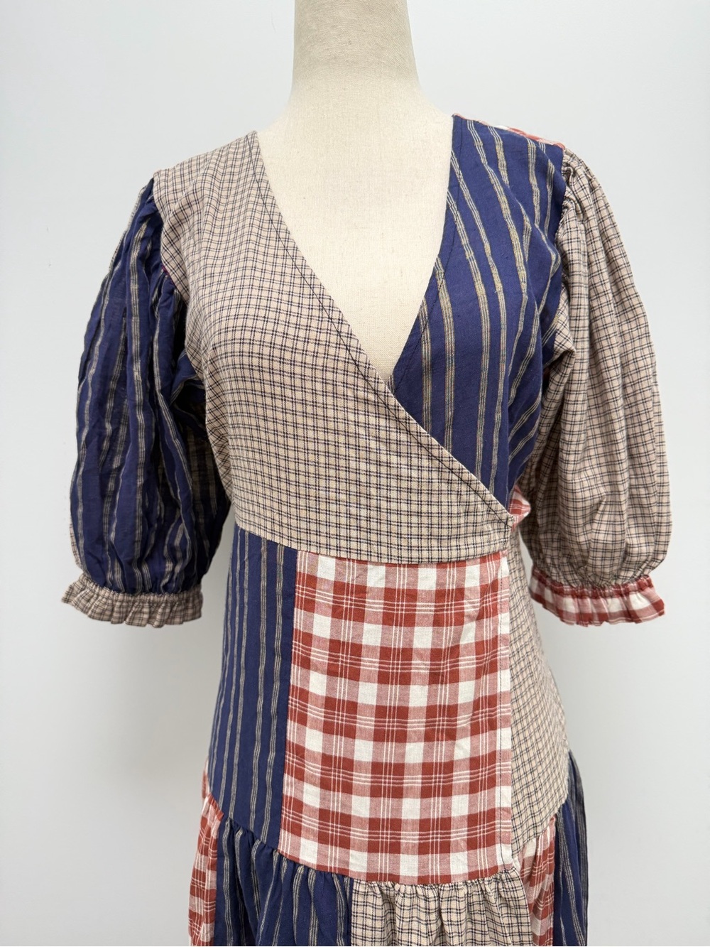 Daughters of India Poet Patchwork Wrap Blue Red Dress Size Small - Picture 3 of 14